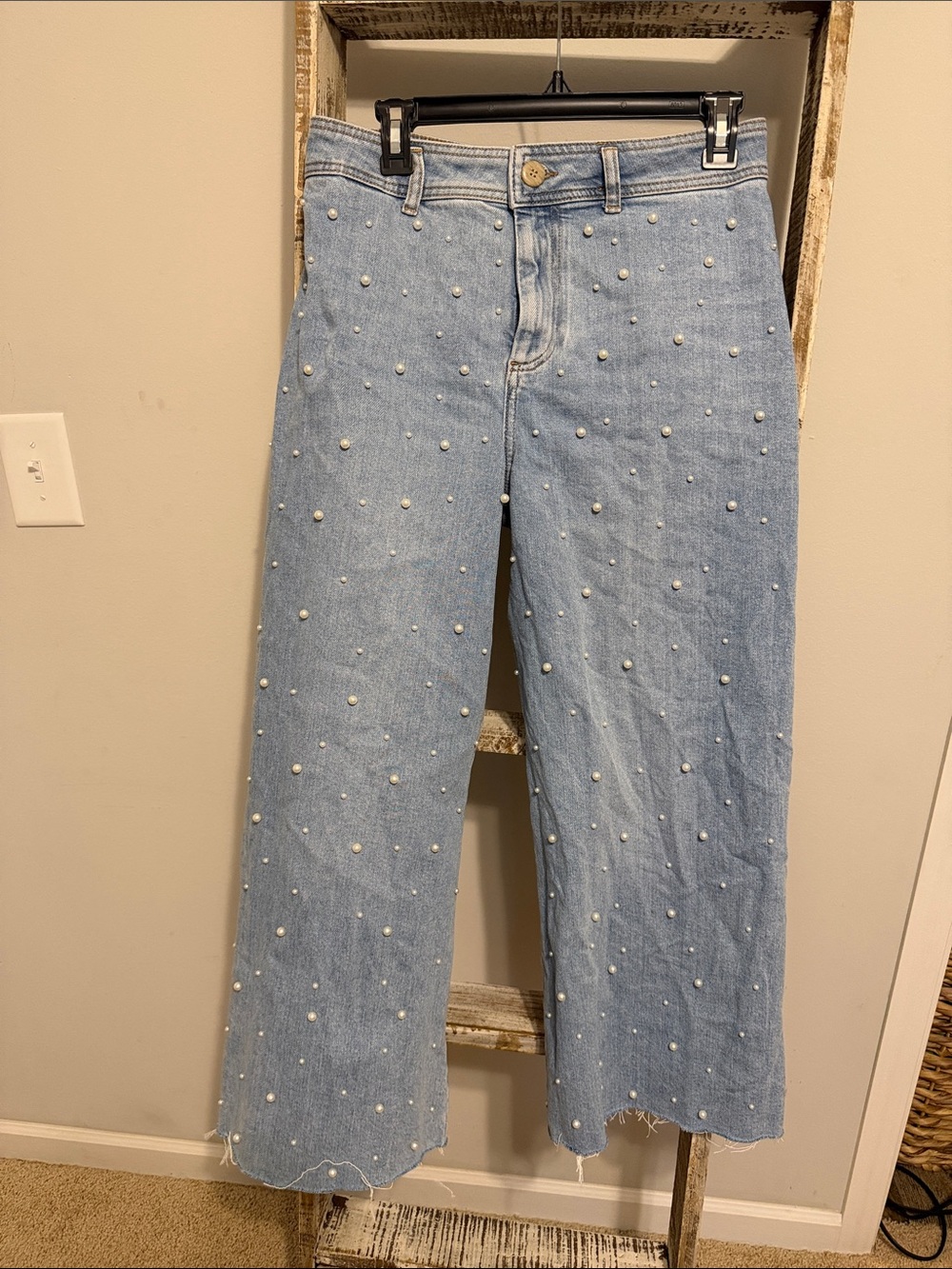 ANTONIO MELANI Light Blue Pearl-Studded Wide-Leg Jeans